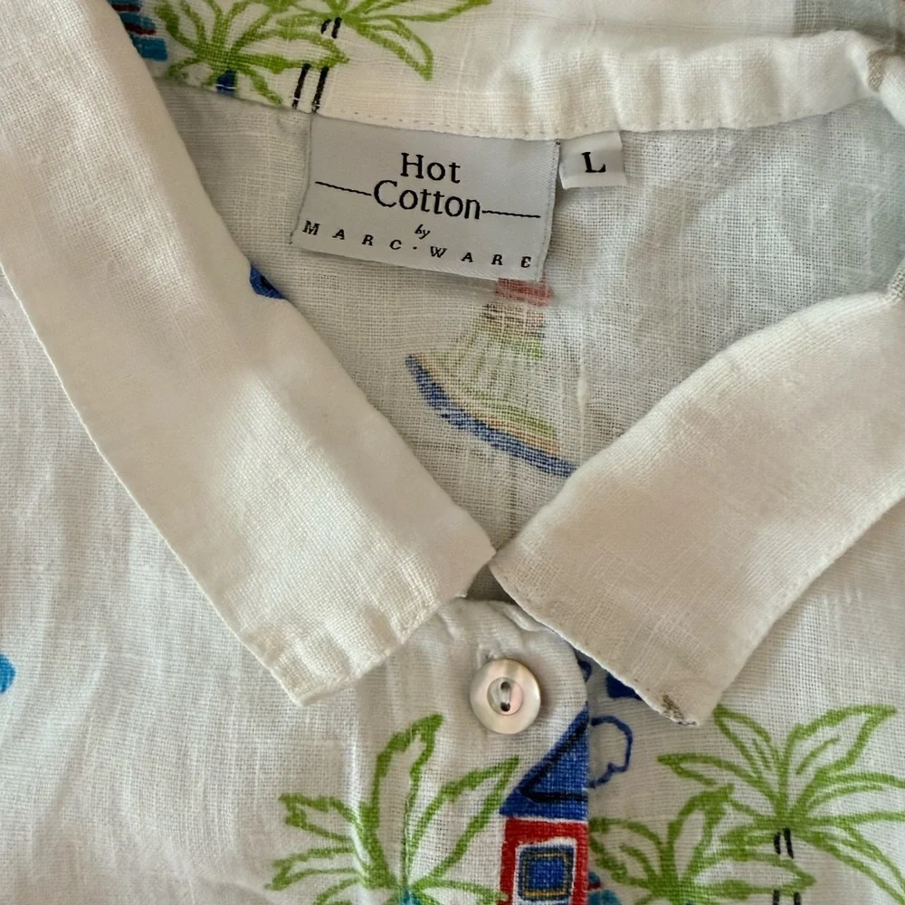Hot Cotton by Marc Ware White Two-Piece Beach Print Linen Set XL - Picture 3 of 7